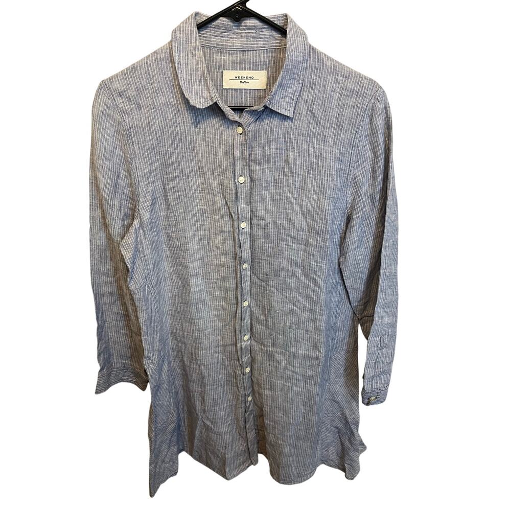 Weekend Max Mara Light Blue Long Sleeve Linen Tunic Shirt Dress Size 12